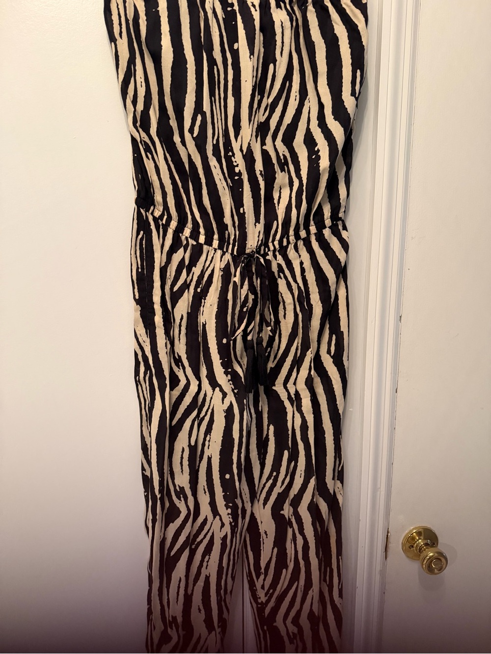 Elan Strapless Zebra-Print Jumpsuit in Black and Cream